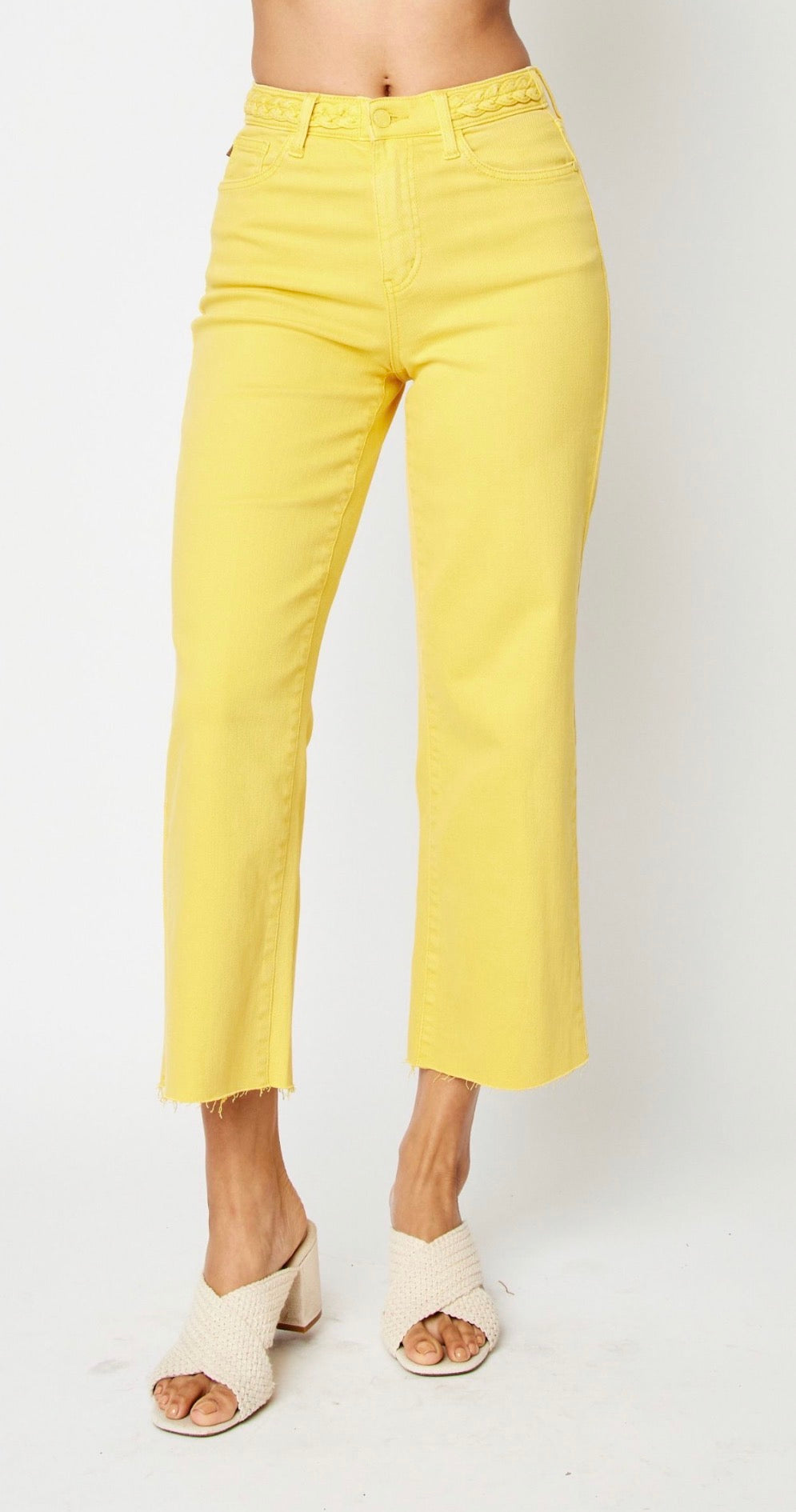 Judy Blue HIGH WAIST GARMENT DYED BRAIDED WAISTBAND CROP WIDE LEG in Yellow-How Cute is That? Boutique