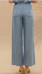 DRAWSTRING WAIST WIDE LEG CHAMBRAY PANTS-How Cute is That? Boutique