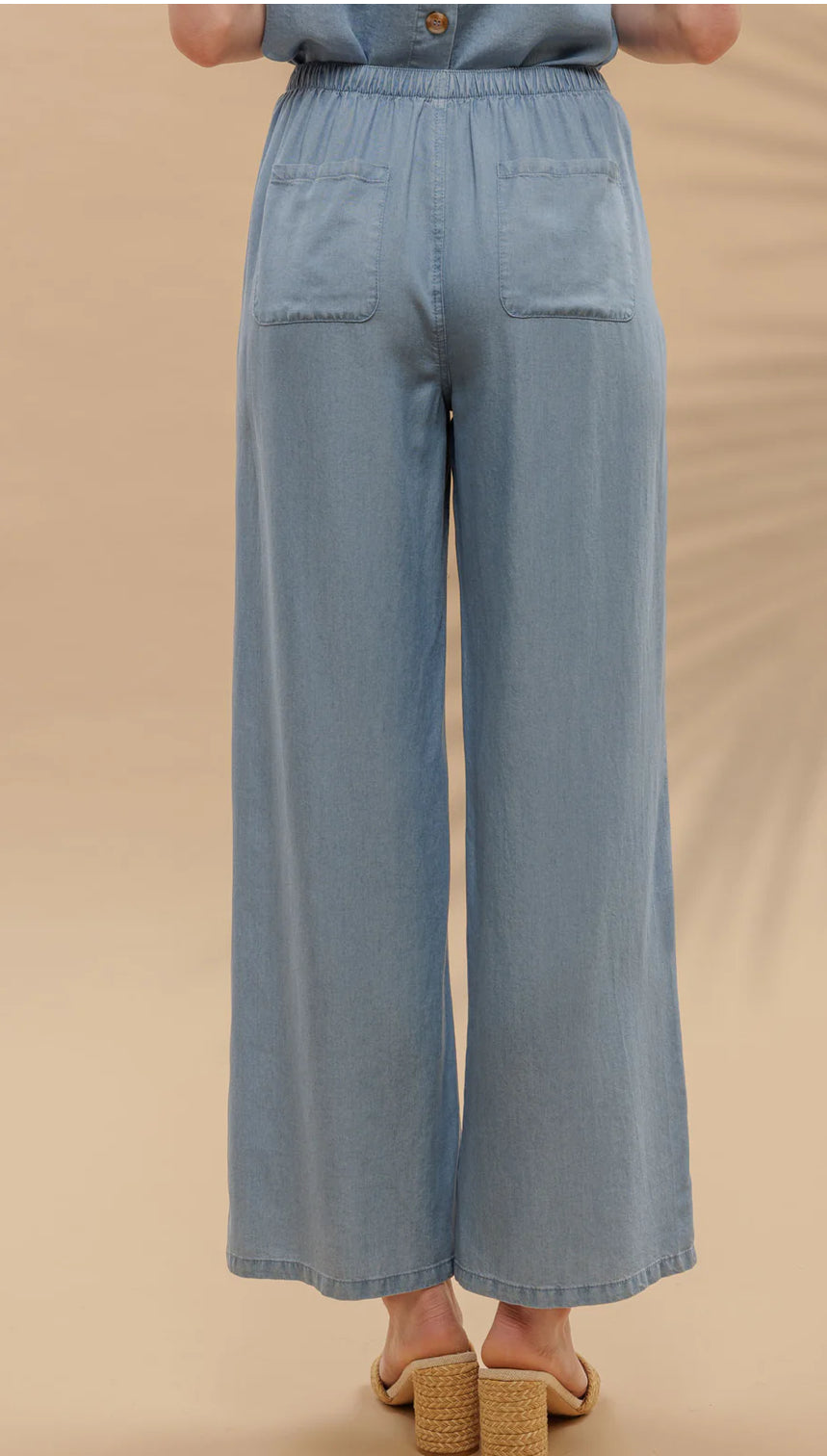 DRAWSTRING WAIST WIDE LEG CHAMBRAY PANTS-How Cute is That? Boutique