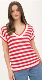 STRIPE V NECK CROCHET KNIT SHORT SLEEVE SWEATER-How Cute is That? Boutique