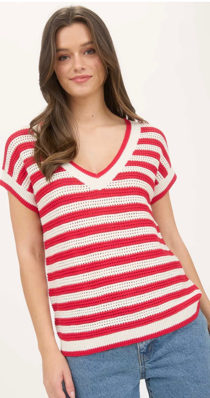 STRIPE V NECK CROCHET KNIT SHORT SLEEVE SWEATER