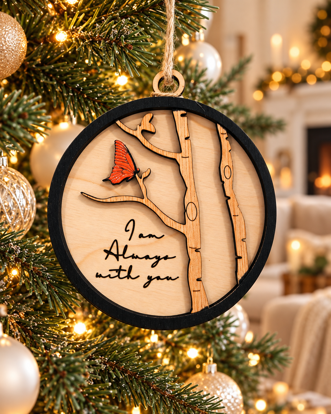 Wooden butterfly memorial Christmas ornament with layered tree branches and “I am Always with you” message, personalized on the back.