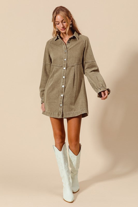 Button down denim dress in Olive