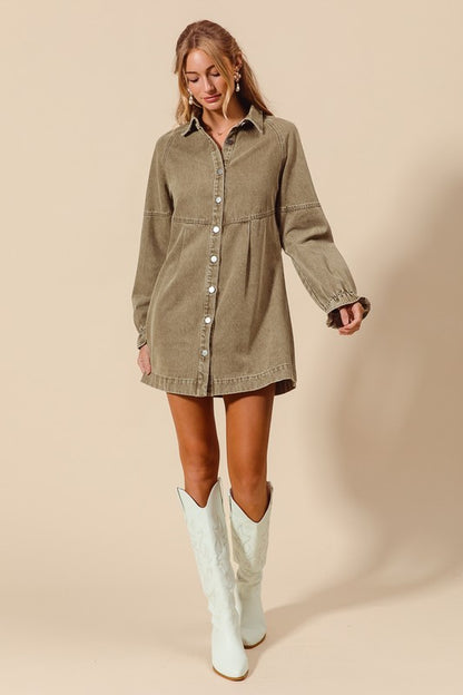 Button down denim dress in Olive