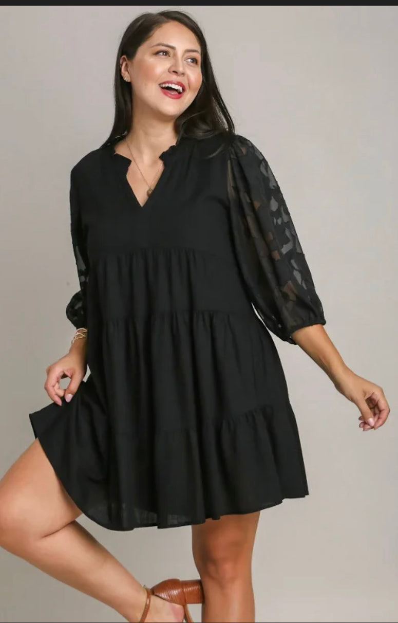 Women’s black tiered mini dress with sheer floral three\-quarter sleeves and split V\-neckline