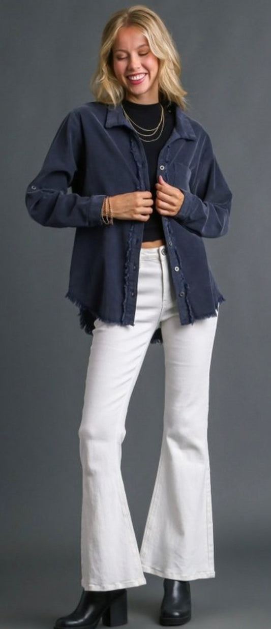 Stone Wash Chest Pocket Collar Button Down Jacket with Unfinished Hem