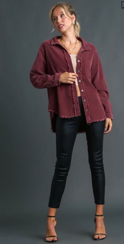 Stone Wash Chest Pocket Collar Button Down Jacket with Unfinished Hem