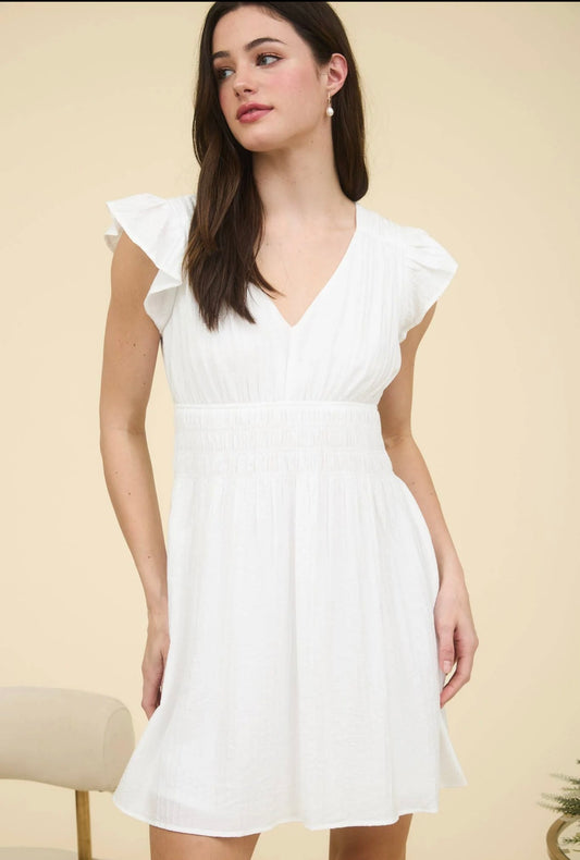 SOLID SHIRRED WAIST V NECK MINI DRESS