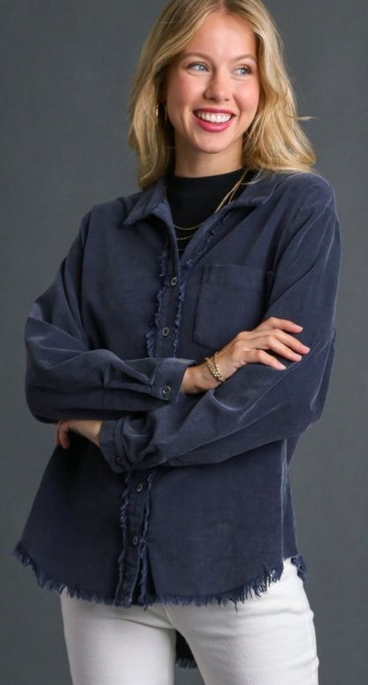 Stone Wash Chest Pocket Collar Button Down Jacket with Unfinished Hem