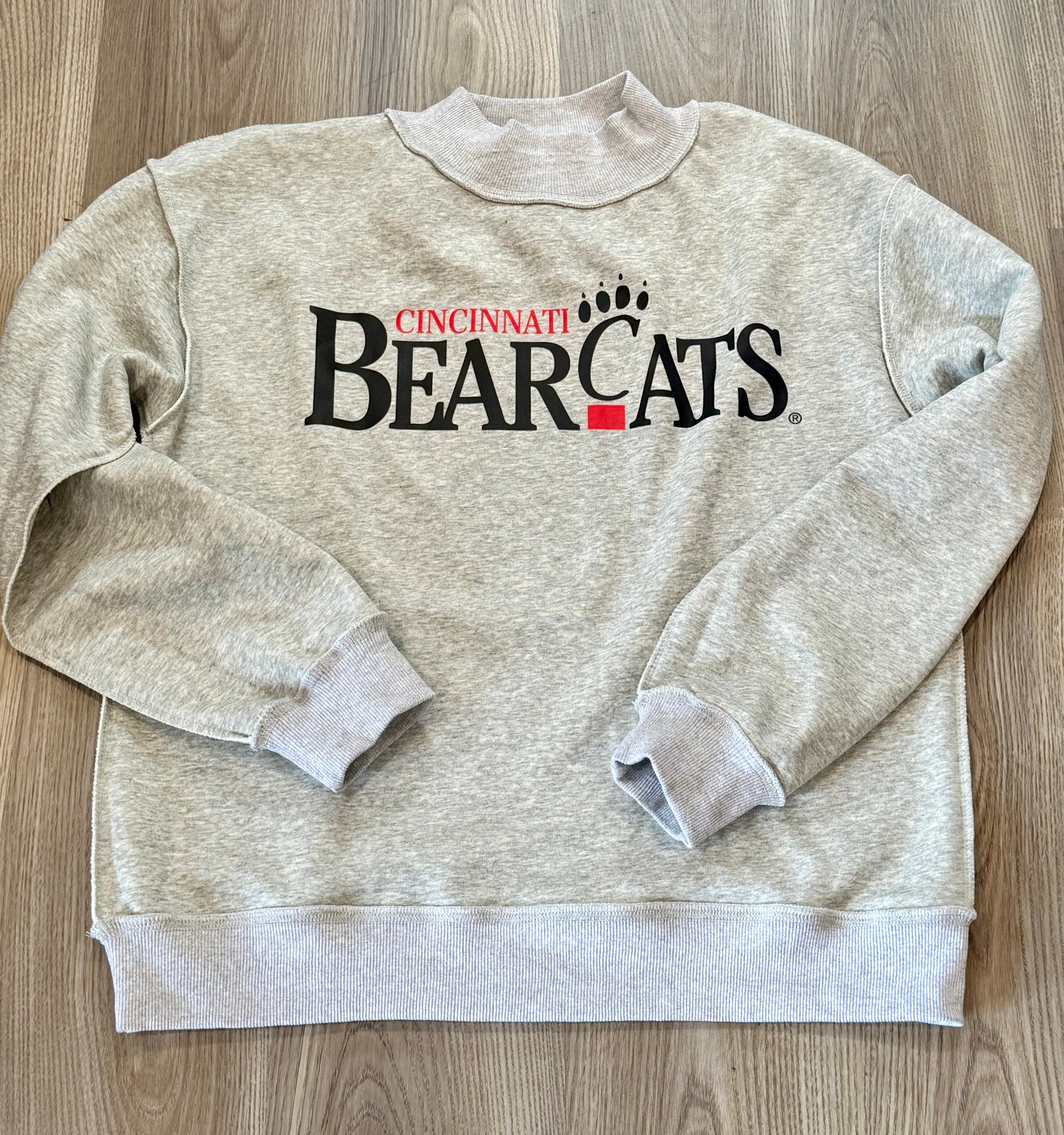 Cincinnati Bearcats reversible mock neck sweatshirt in heather gray with black and red Bearcats graphic