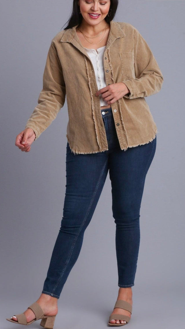 Stone Wash Chest Pocket Collar Button Down Jacket with Unfinished Hem