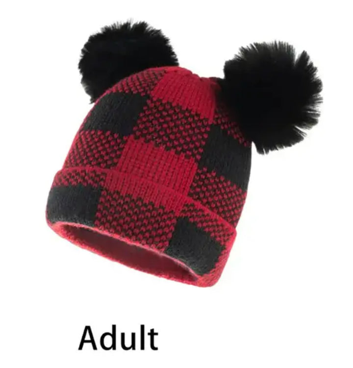 Red Buffalo Plaid Winter Hat with 2 Poms Set- Mama and Mini Set