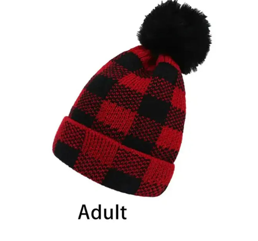 Red Buffalo Plaid Winter Hat  Set- Mama and Mini Set