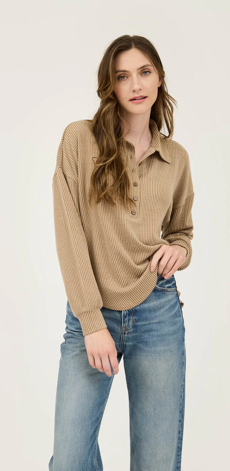 PINSTRIPE COLLARED HALF BUTTON KNIT TOP