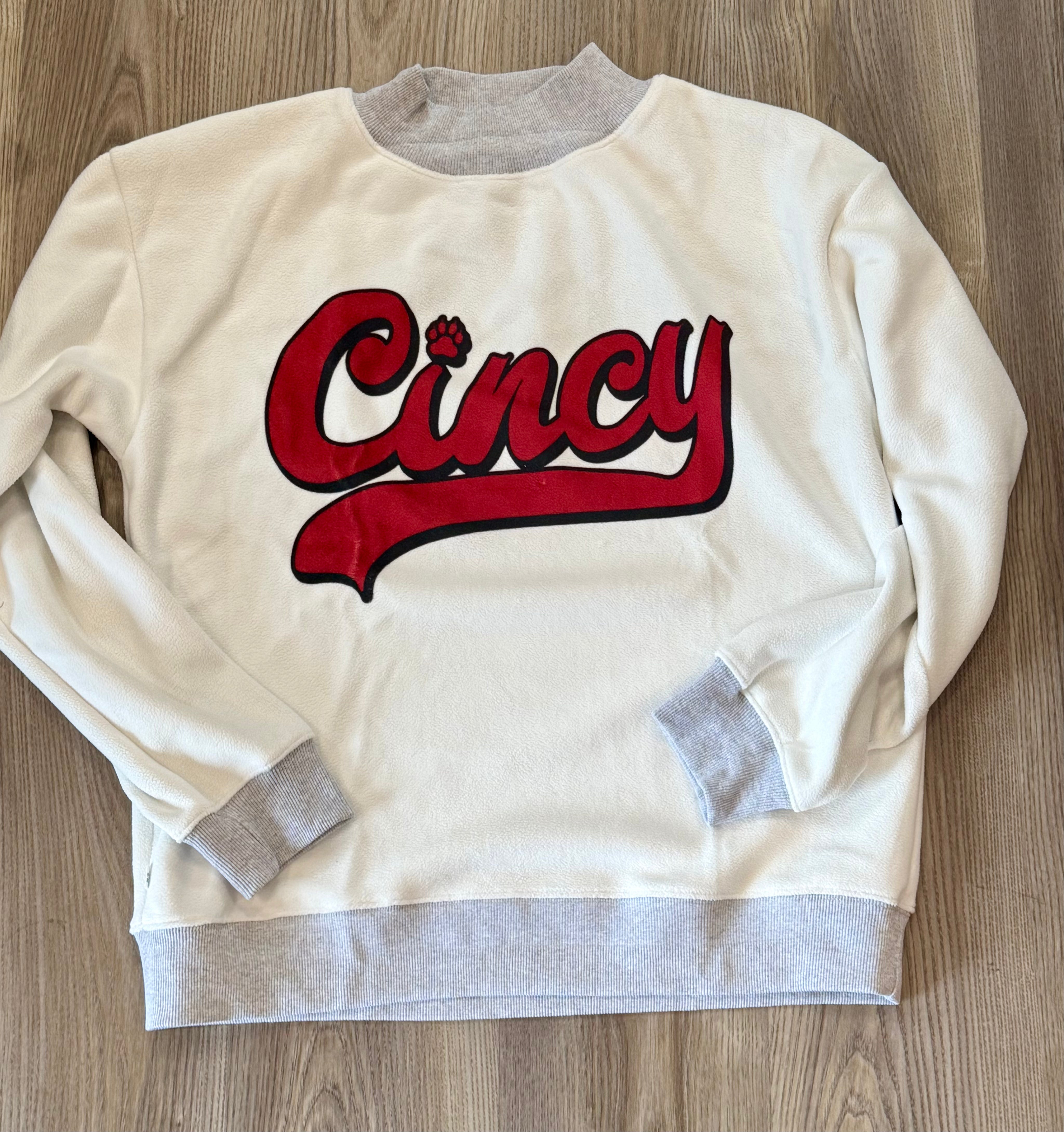 White Cincinnati Bearcats reversible sweatshirt with red and black Cincy graphic