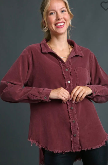 Stone Wash Chest Pocket Collar Button Down Jacket with Unfinished Hem