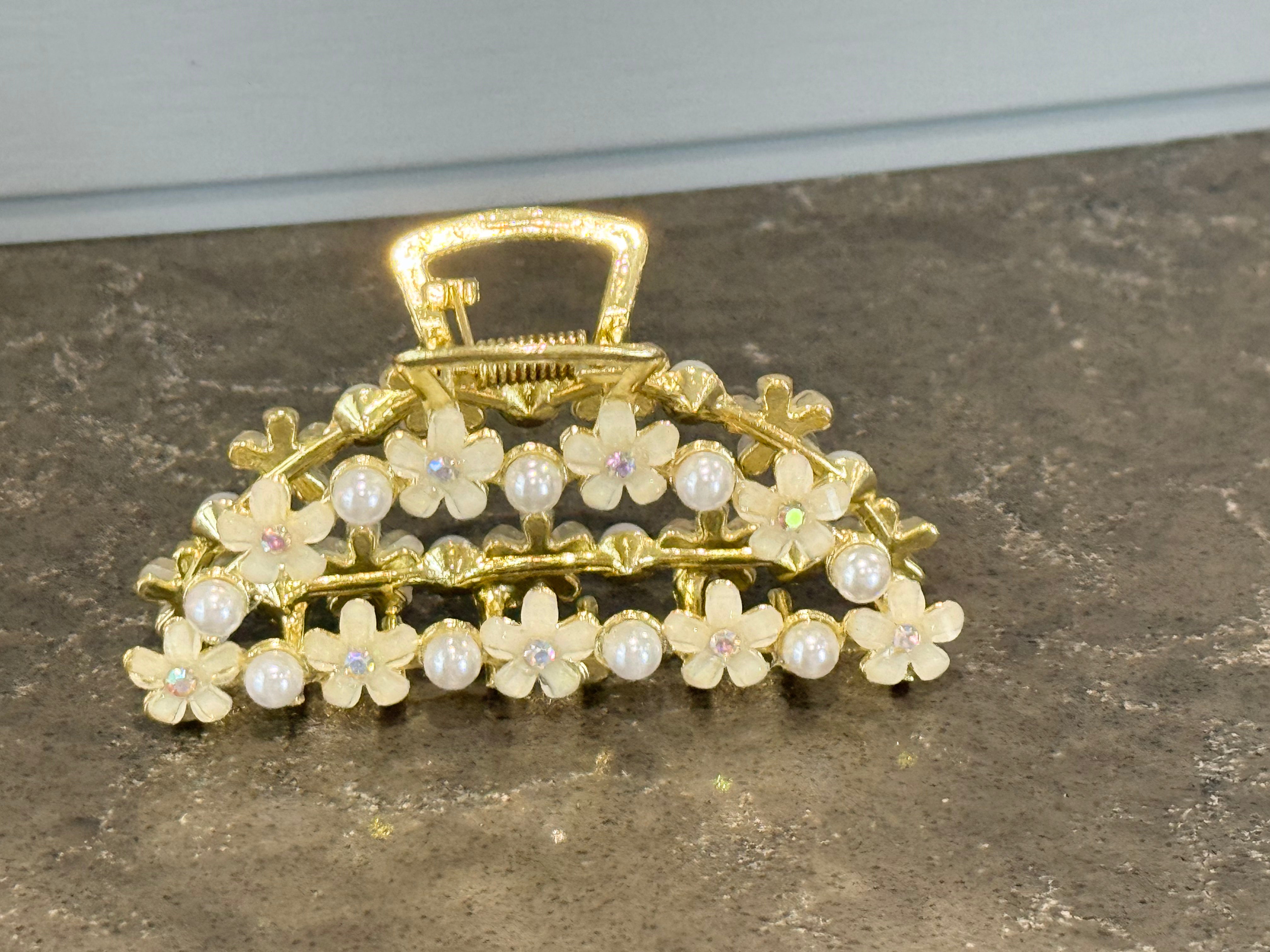 Pearl Flower Hair Claw in Gold-How Cute is That? Boutique
