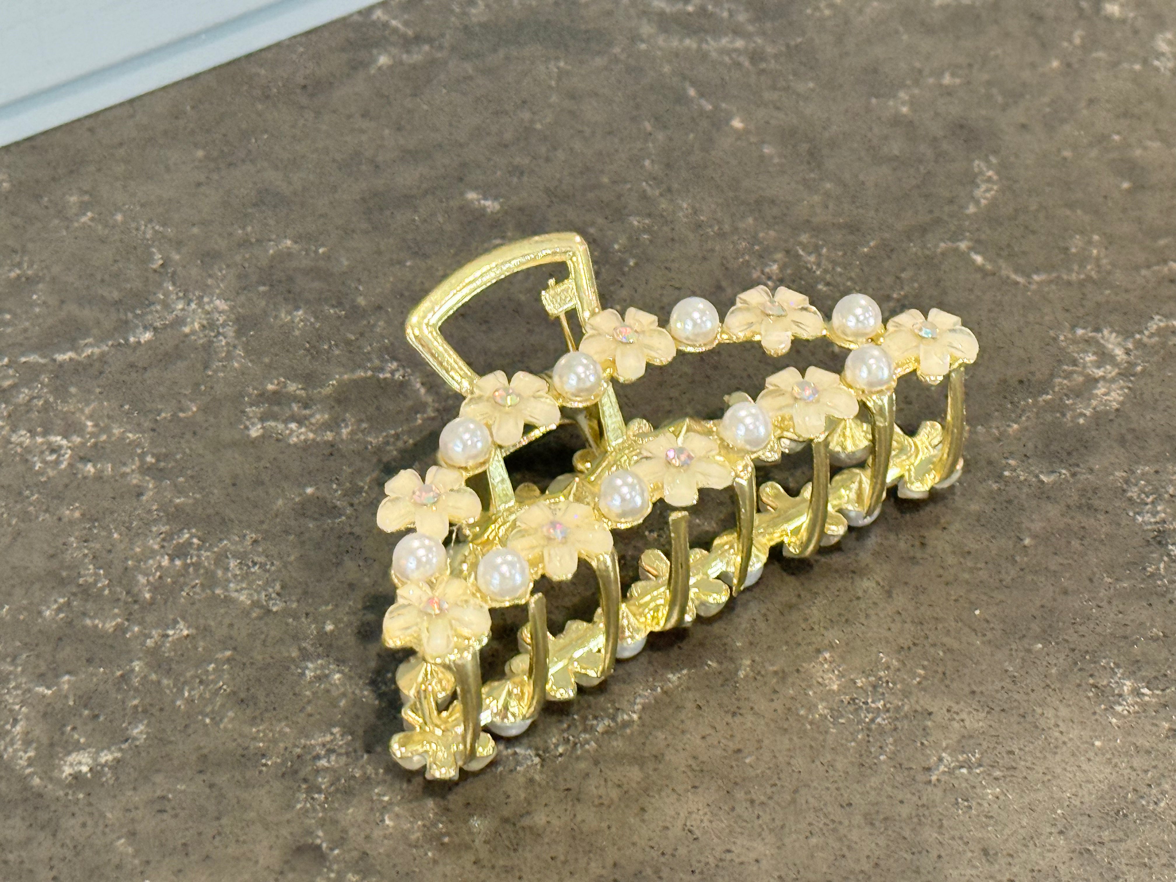 Pearl Flower Hair Claw in Gold-How Cute is That? Boutique