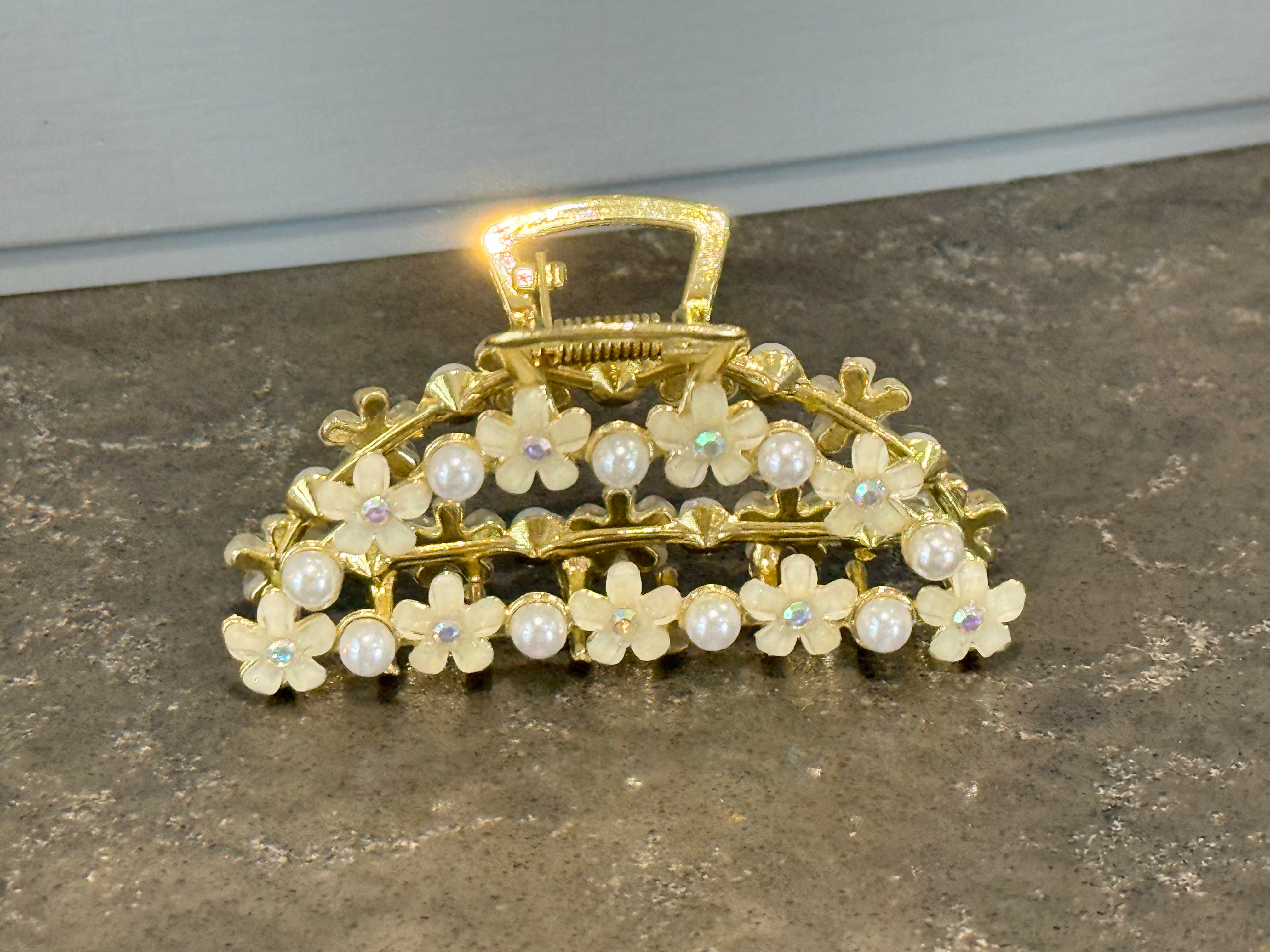 Pearl Flower Hair Claw in Gold-How Cute is That? Boutique