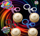 Four dumpling-shaped keychain fidgets in different clip colors (purple, white, black, blue) arranged on a colorful swirling background with 'Dumpling Keychain Fidget' and 'Satisfying Button Click' text, plus a 'Fun Doh' logo.