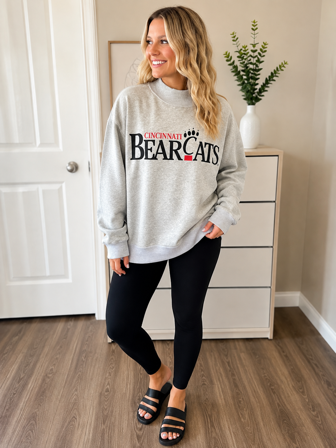 Cincinnati Bearcats reversible mock neck sweatshirt in heather gray with black and red Bearcats graphic