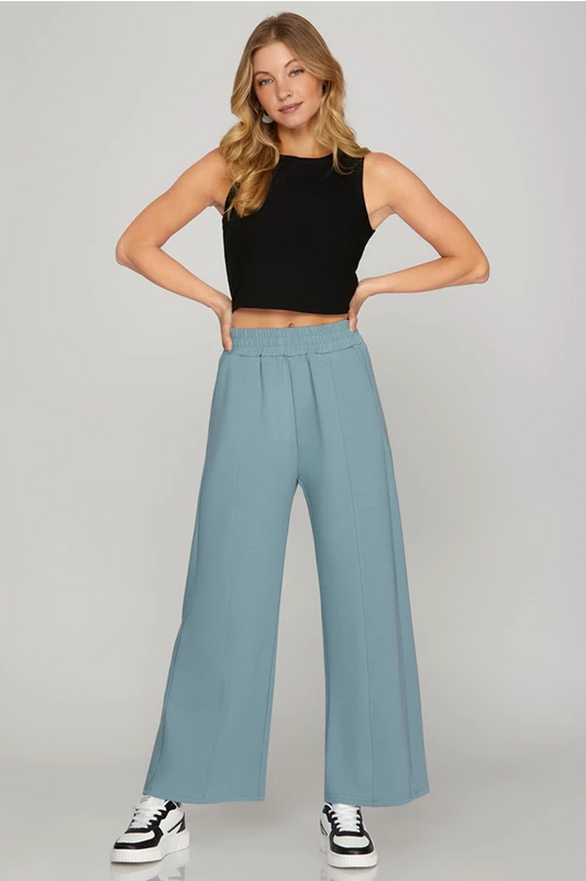 WAISTED ELASTIC SCUBA KNIT LONG PANTS WITH POCKETS