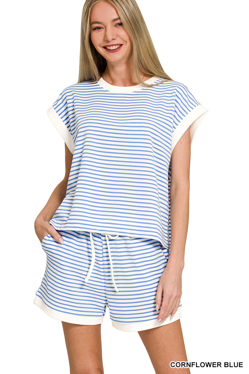 STRIPE CONTRAST TRIM TOP & SHORTS SET In Cornflower Blue