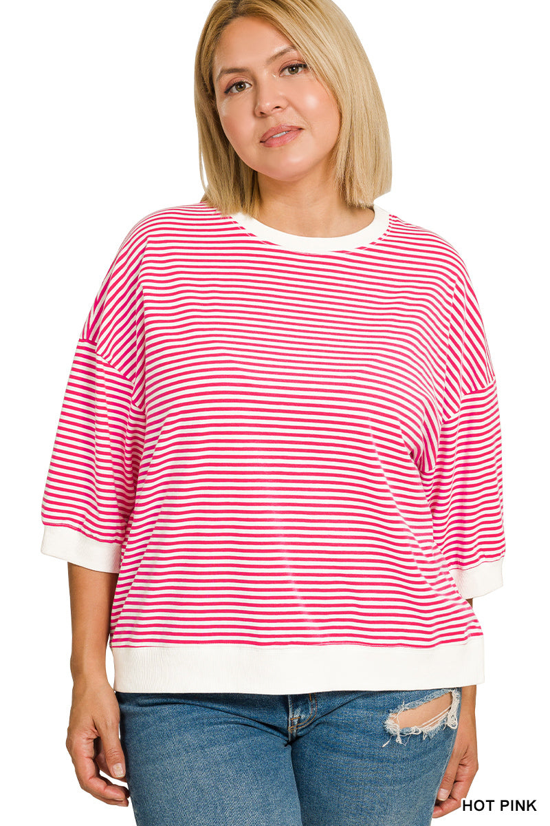 STRIPED CONTRAST TRIM RIB BANDED TOP- Plus-How Cute is That? Boutique