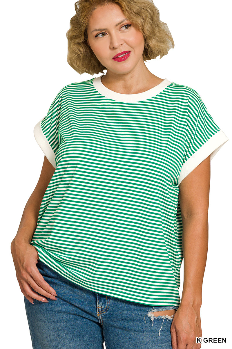 STRIPED CONTRAST TRIM  TOP- Plus-How Cute is That? Boutique