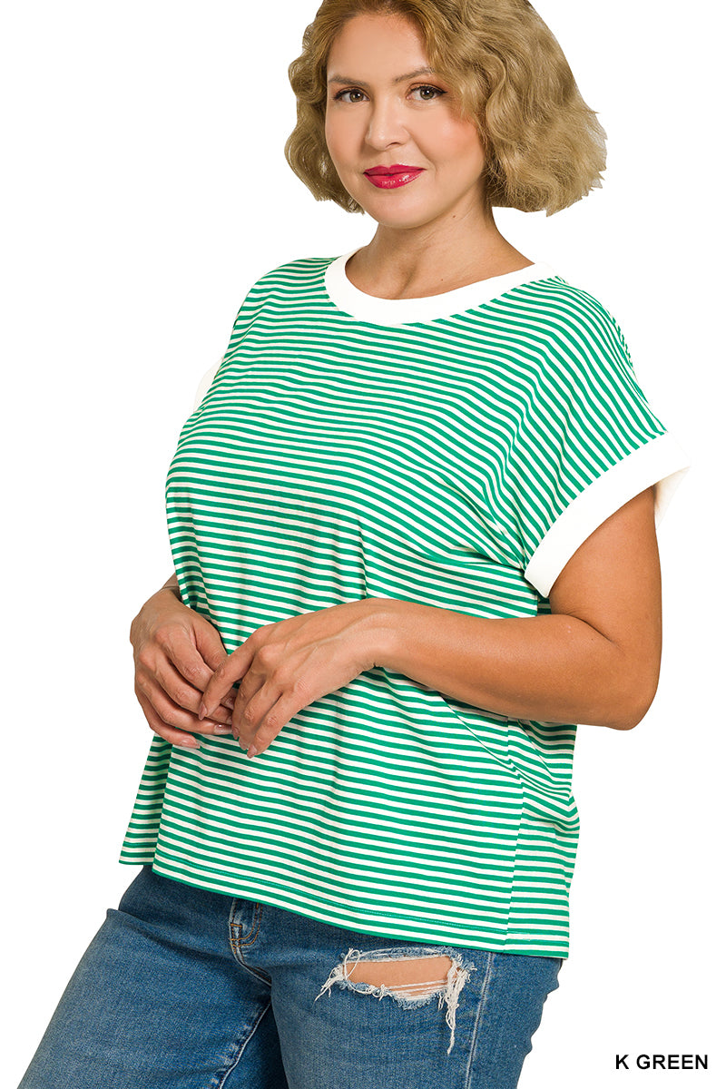 STRIPED CONTRAST TRIM  TOP- Plus-How Cute is That? Boutique