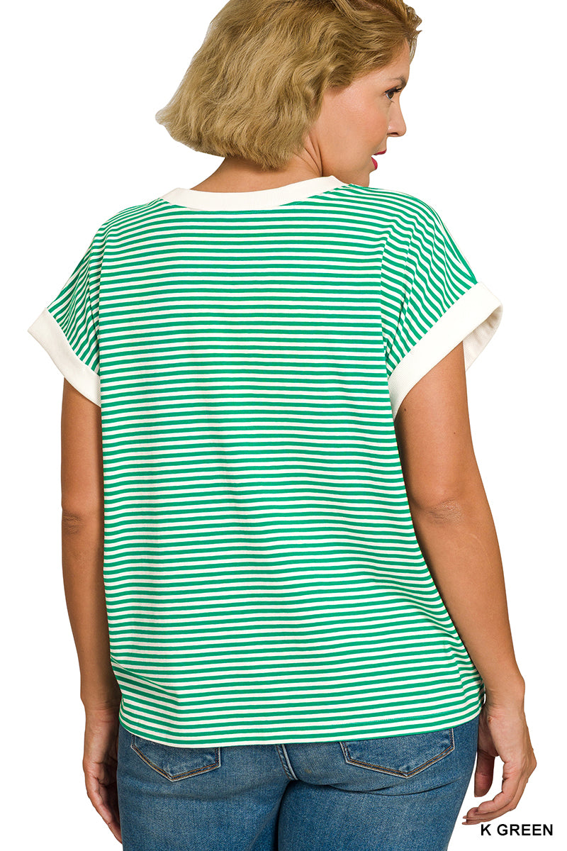 STRIPED CONTRAST TRIM  TOP- Plus-How Cute is That? Boutique