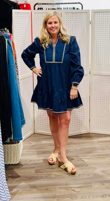 Long sleeve solid dress with ruffled neckline