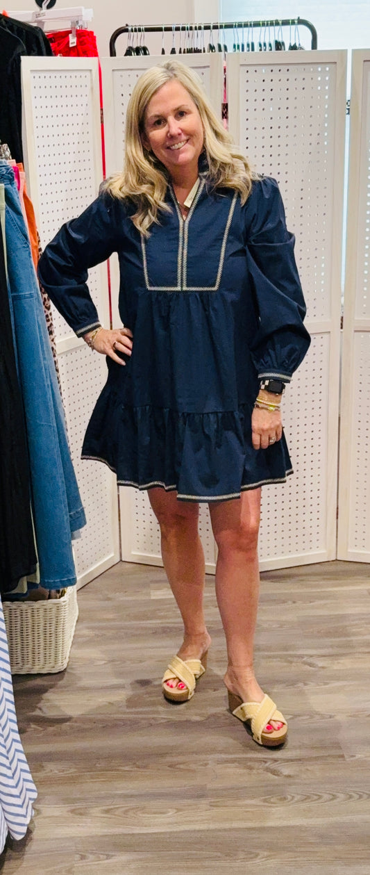 Long sleeve solid dress with ruffled neckline