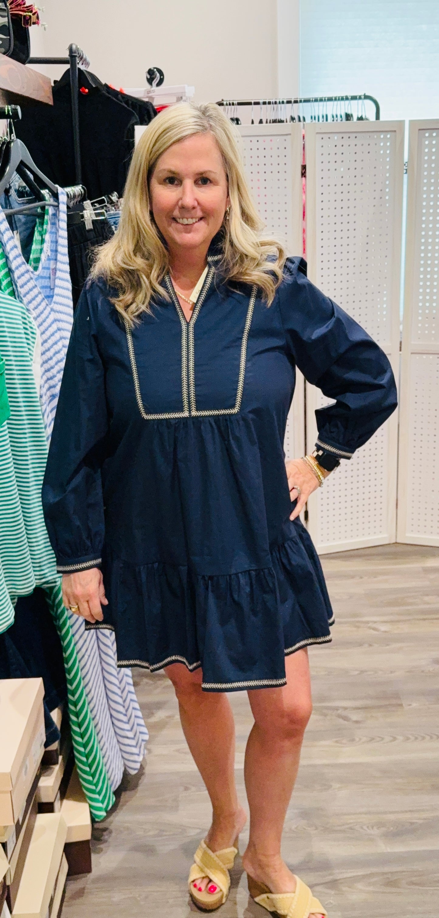 Long sleeve solid dress with ruffled neckline