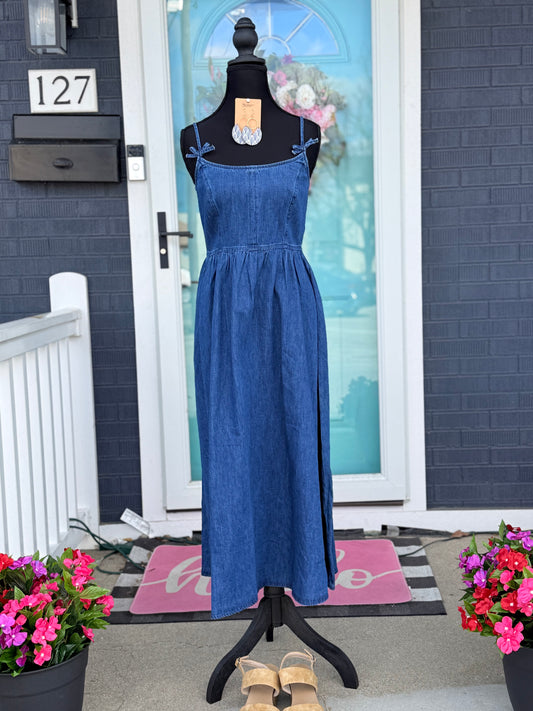 Denim Maxi Dress with Bow Straps