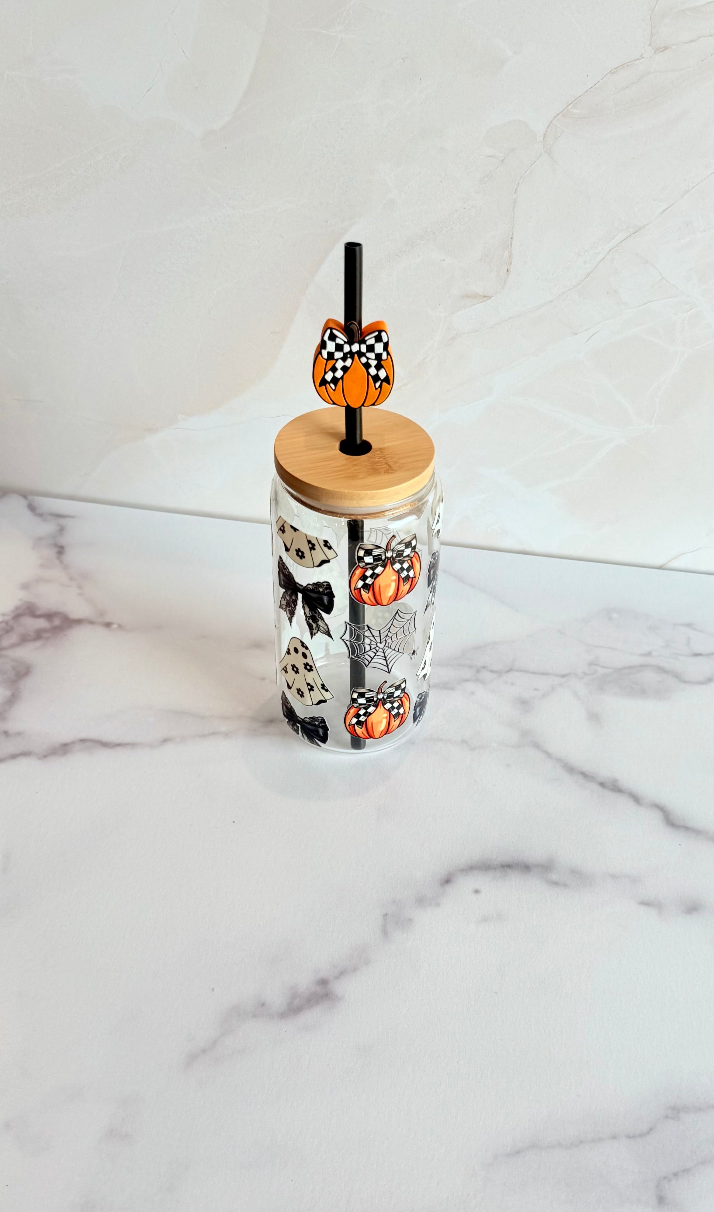 Spooky Halloween Glass Can Tumbler with Pumpkin Straw Topper-How Cute is That? Boutique
