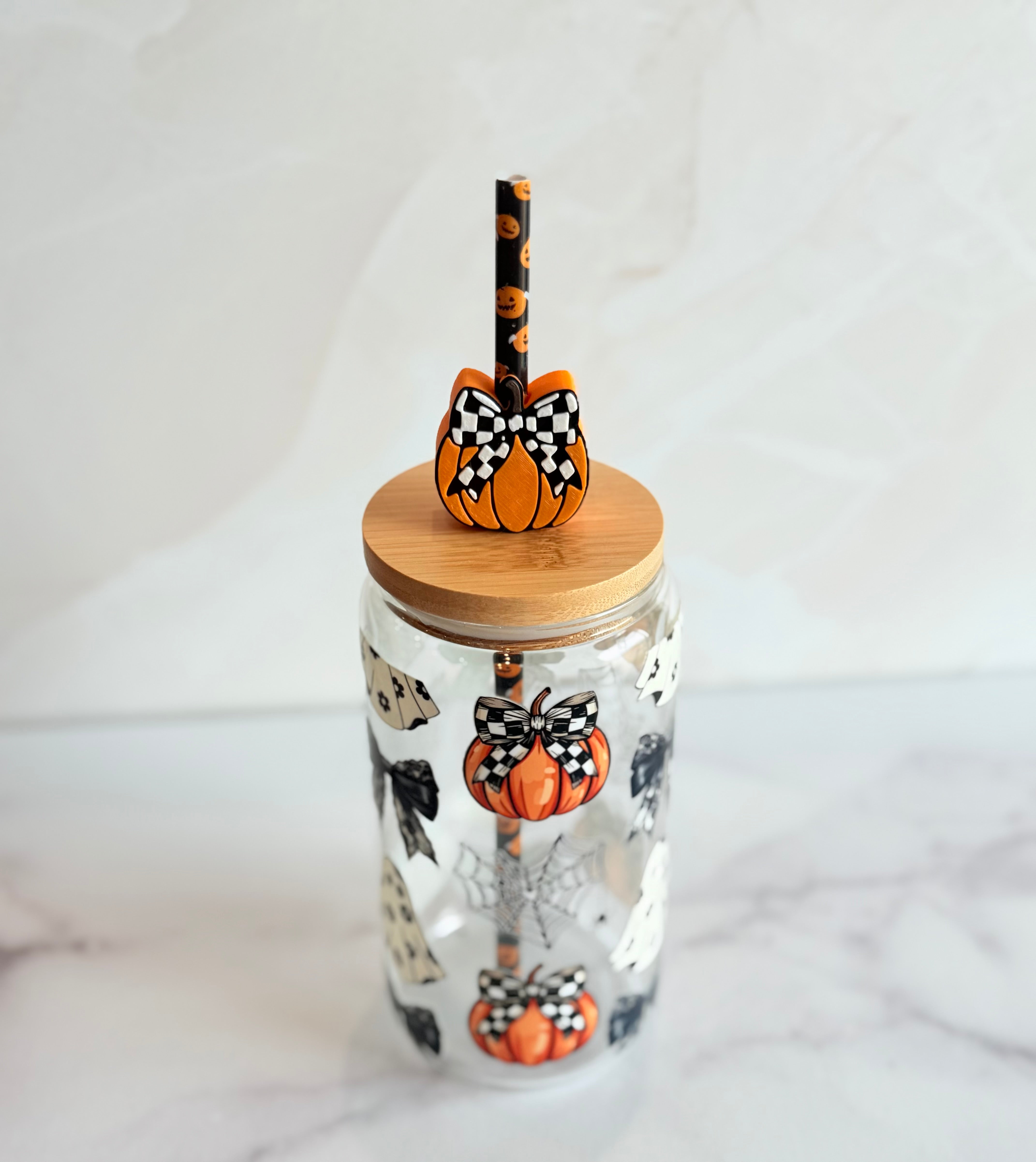 Spooky Halloween Glass Can Tumbler with Pumpkin Straw Topper-How Cute is That? Boutique