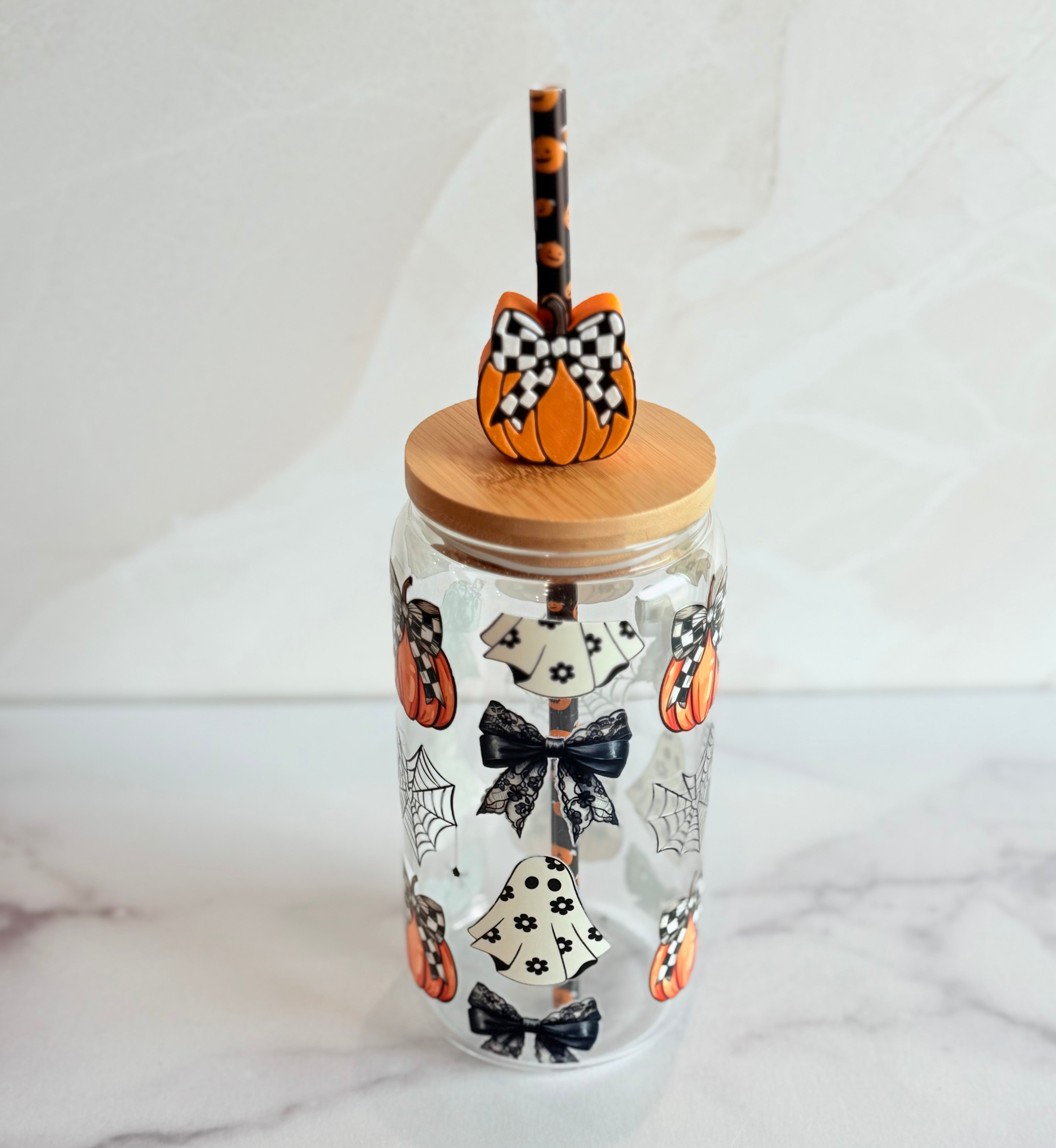 Spooky Halloween Glass Can Tumbler with Pumpkin Straw Topper-How Cute is That? Boutique