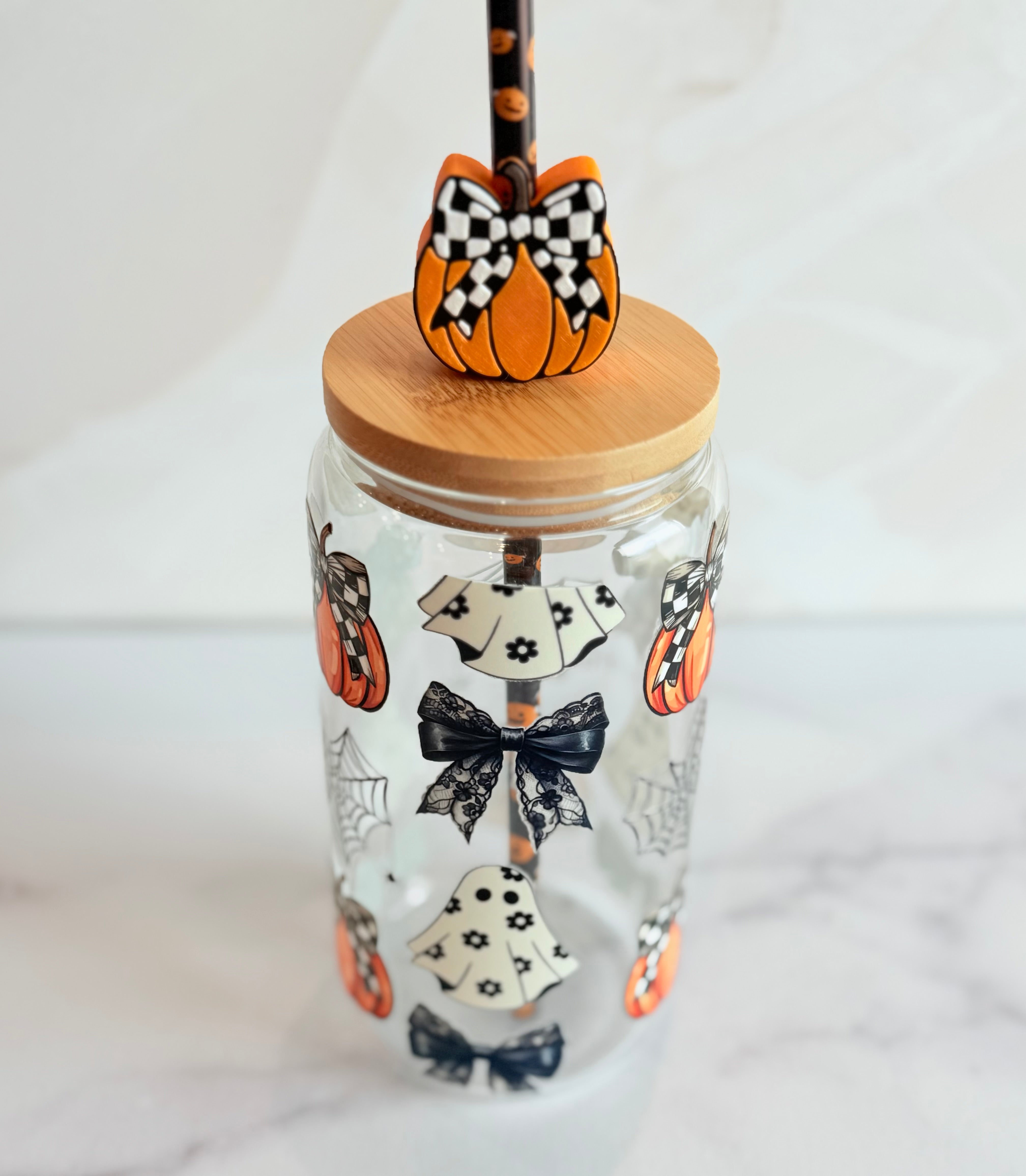 Spooky Halloween Glass Can Tumbler with Pumpkin Straw Topper-How Cute is That? Boutique