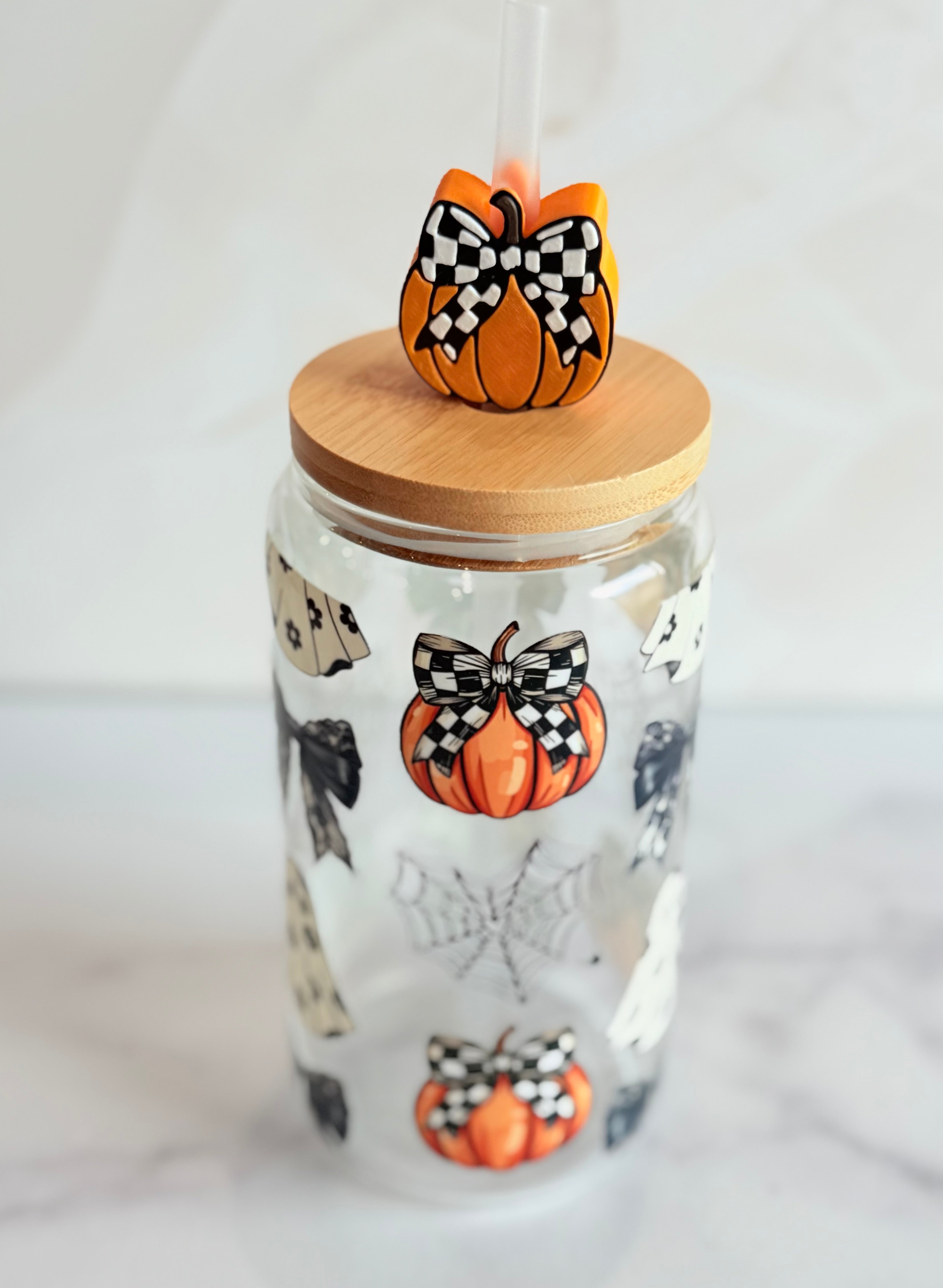 Spooky Halloween Glass Can Tumbler with Pumpkin Straw Topper-How Cute is That? Boutique