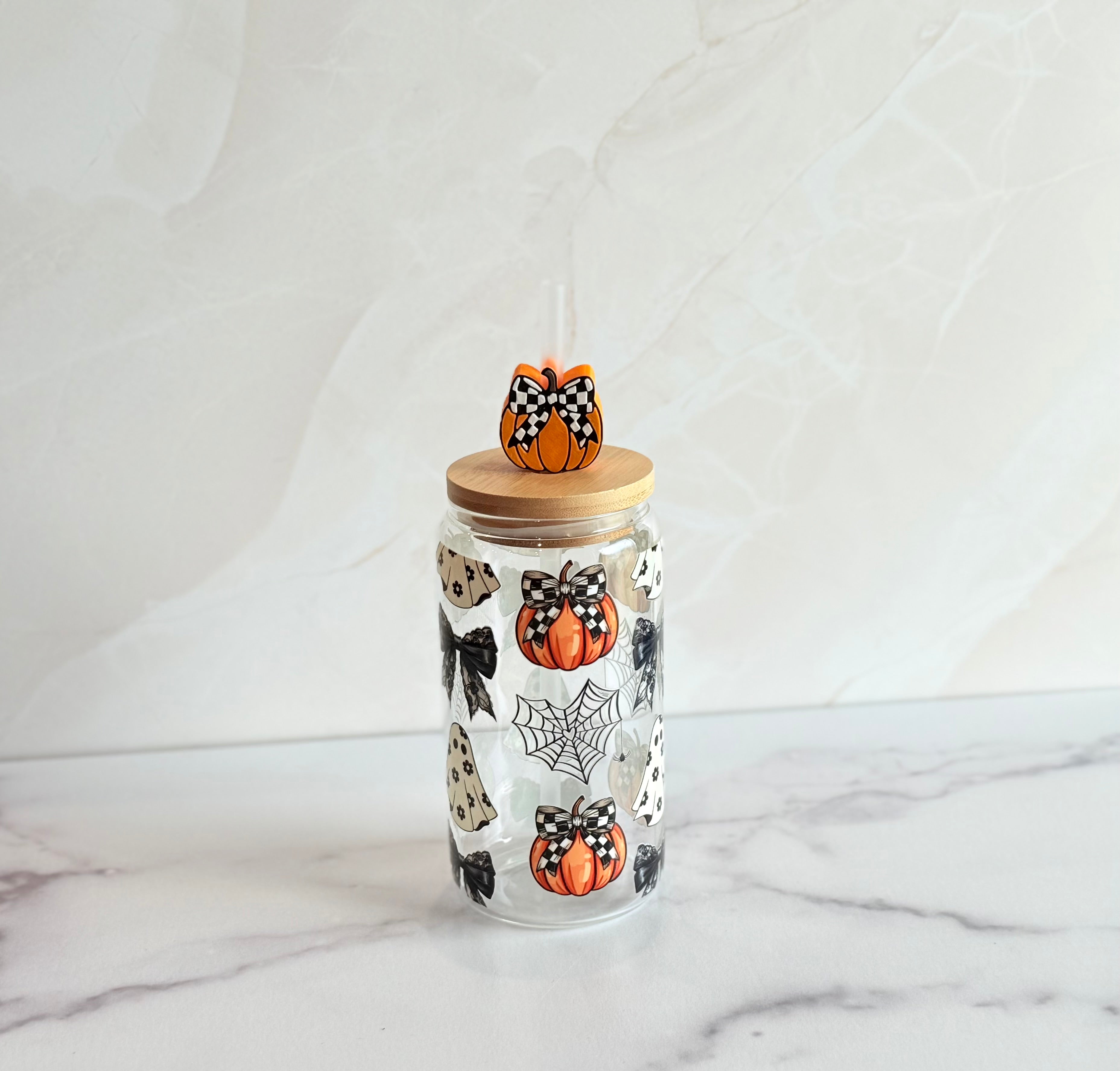 Spooky Halloween Glass Can Tumbler with Pumpkin Straw Topper-How Cute is That? Boutique