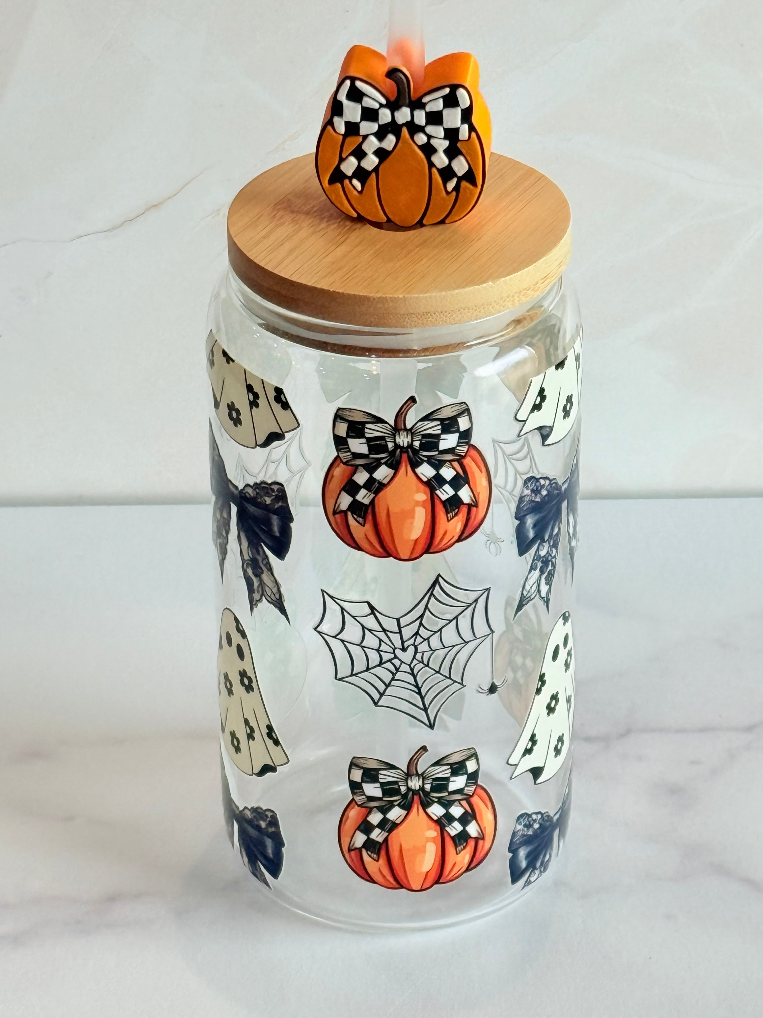 Spooky Halloween Glass Can Tumbler with Pumpkin Straw Topper-How Cute is That? Boutique