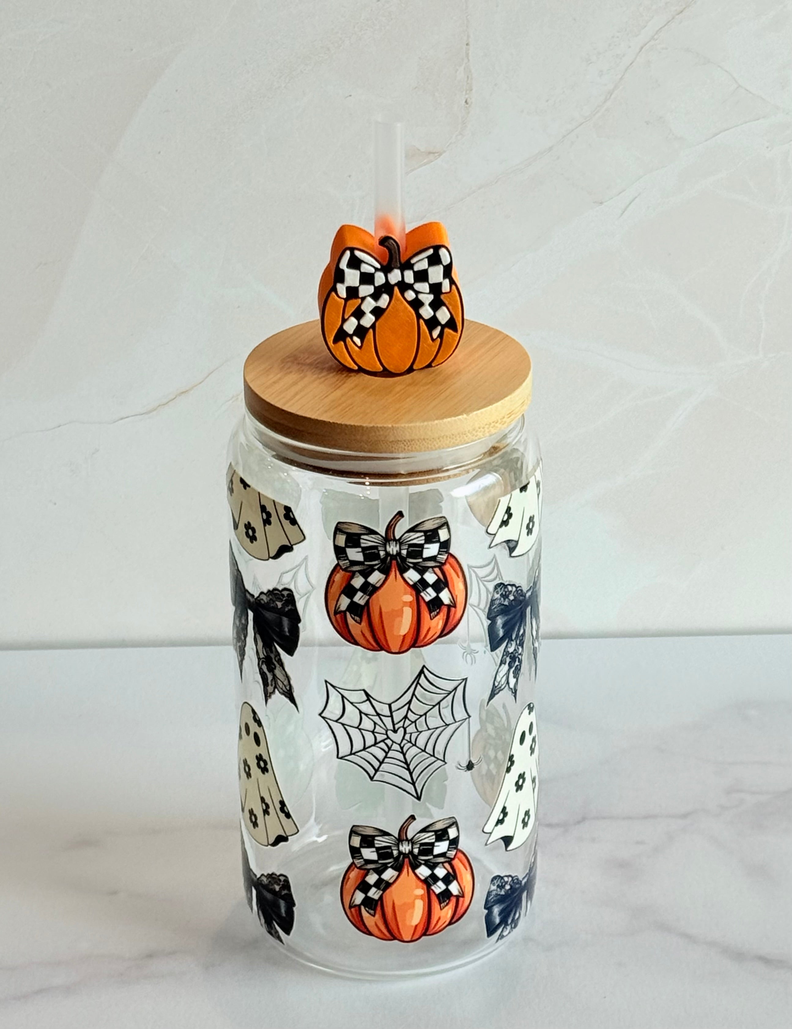 Spooky Halloween Glass Can Tumbler with Pumpkin Straw Topper-How Cute is That? Boutique