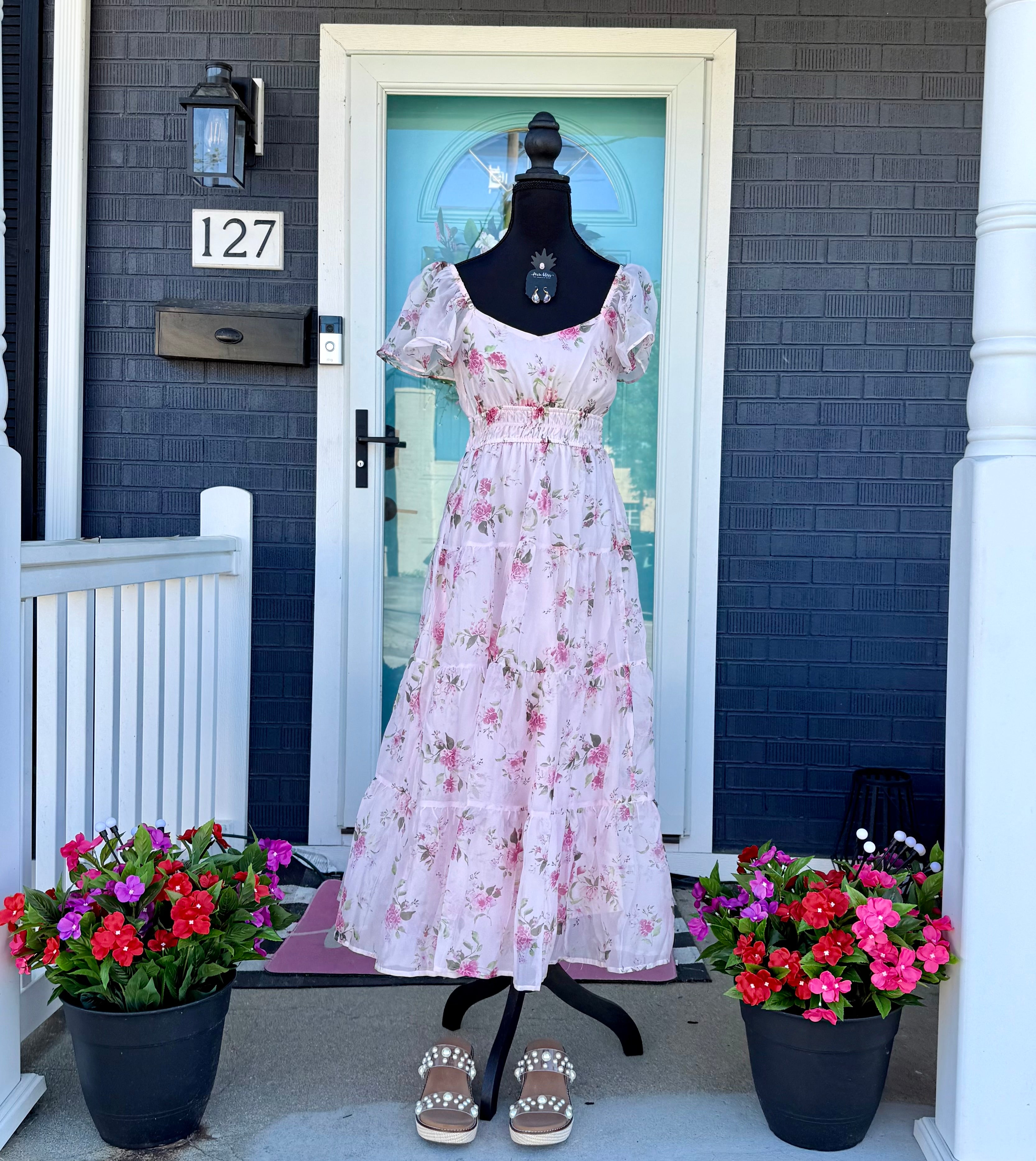 Floral Chiffon Flounce Sleeve Shirred Midi Dress Large