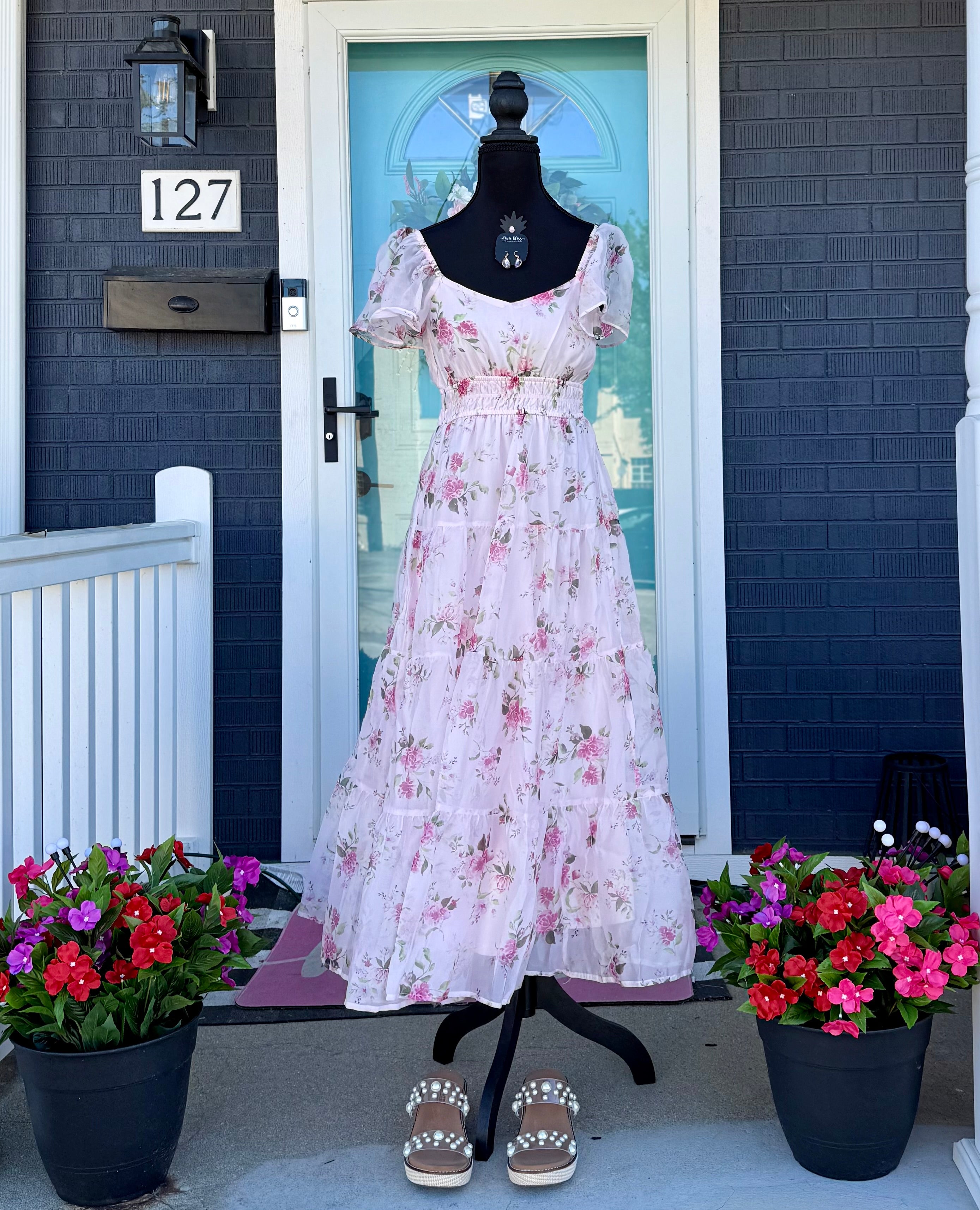 Floral Chiffon Flounce Sleeve Shirred Midi Dress Large
