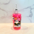 16oz hot pink acrylic Halloween tumbler with ghost straw topper, Brewing Up Trouble print, patterned straw