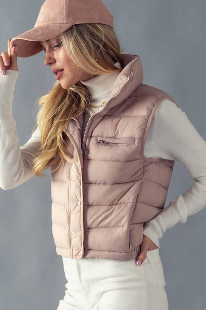 STRIPE QUILTED STAND COLLAR PADDED VEST JACKET