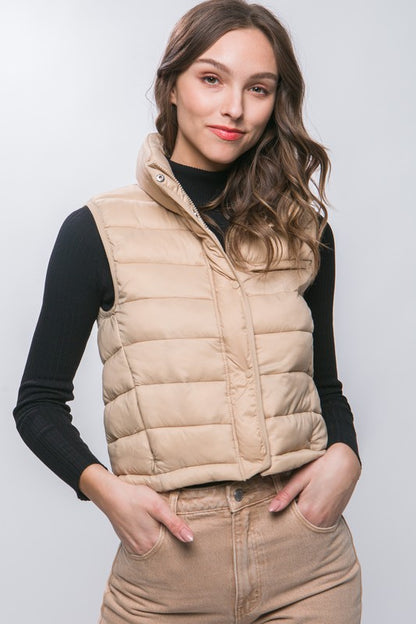 STRIPE QUILTED STAND COLLAR PADDED VEST JACKET