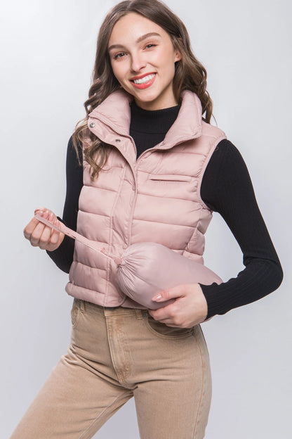 STRIPE QUILTED STAND COLLAR PADDED VEST JACKET