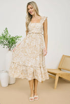 TROPICAL PRINT RUFFLE DETAIL MIDI DRESS-How Cute is That? Boutique